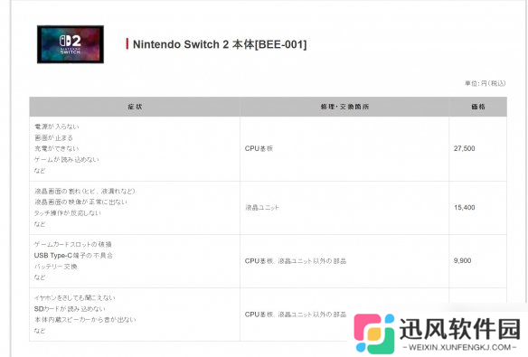 NS2日本官网公布维修价格 主板故障最高需1380元